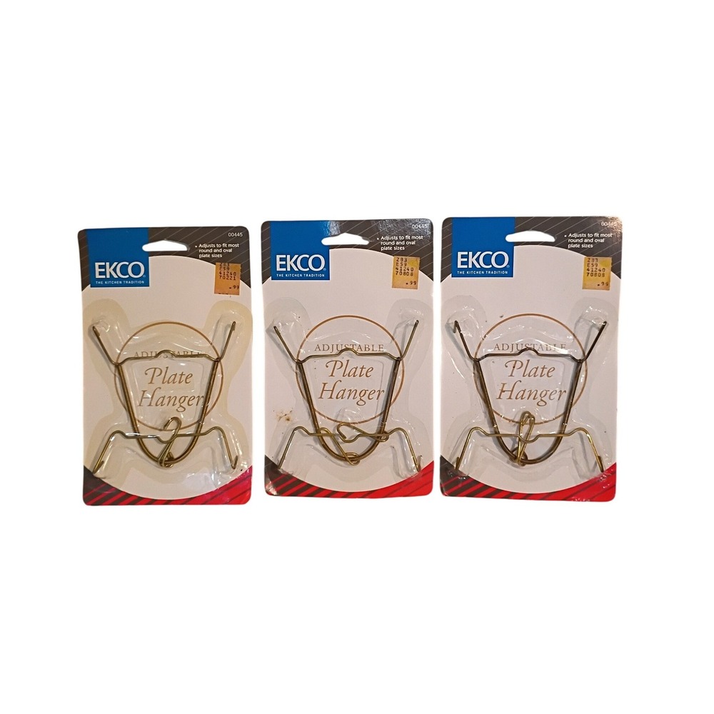 EKCO Adjustable Plate Hangers Lot of 3 Brass Tone Wire Wall Display Vintage
